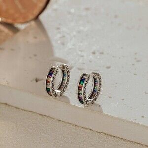 Sterling Silver Rainbow Baguette Huggie Hoop Earrings Museori